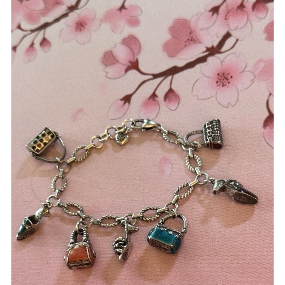 BRIGHTON Enamel Purse Handbag Shoe Silver Tone Charm Bracelet